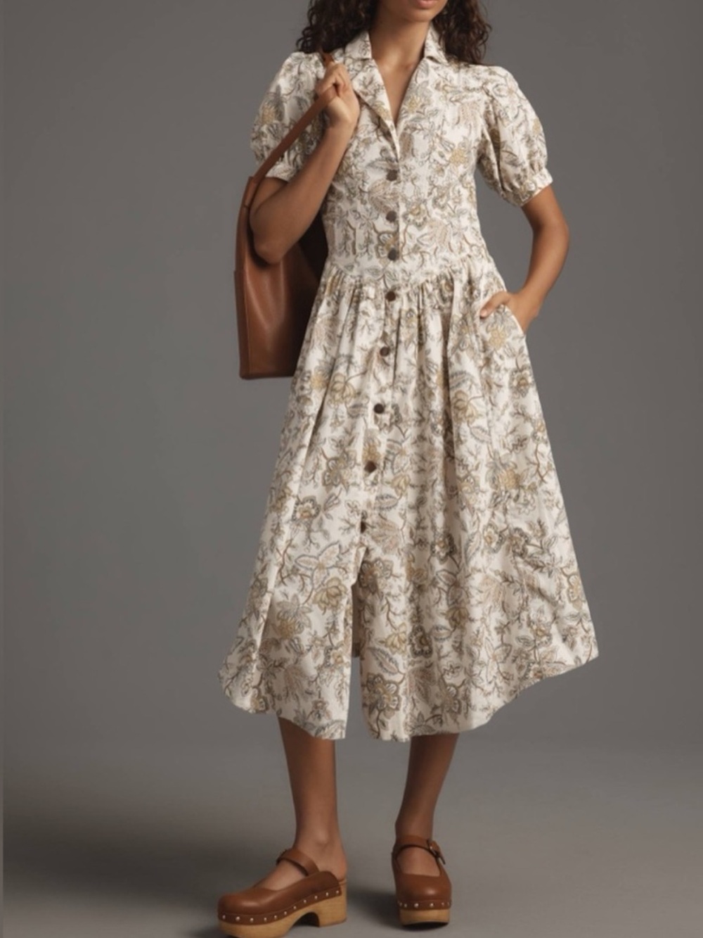 Floral Button-Front Midi Dress in Cream and Brown - Picture 14 of 14